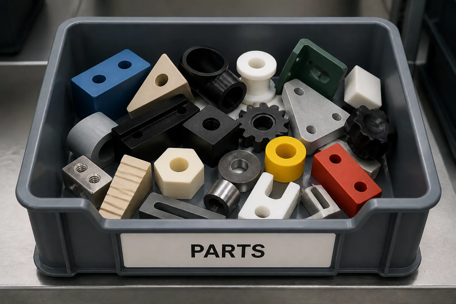 Diverse geometric components organized in a single broad sorting container
