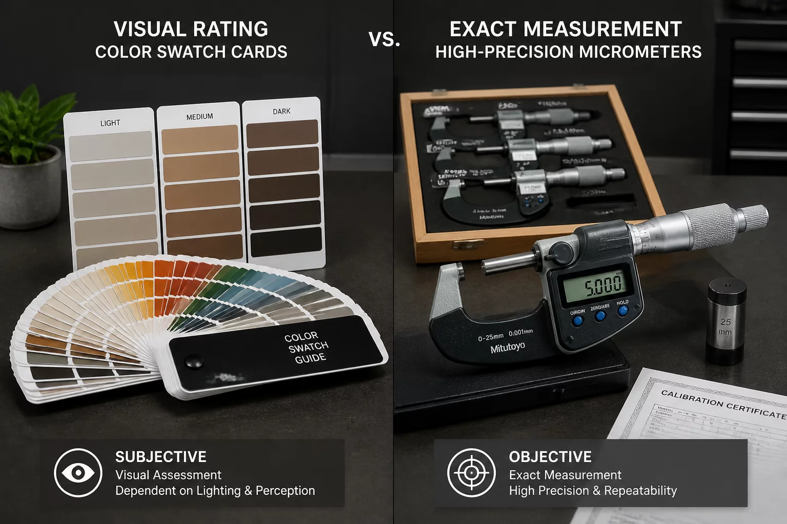 Visual comparator cards beside precision micrometers on an inspection station