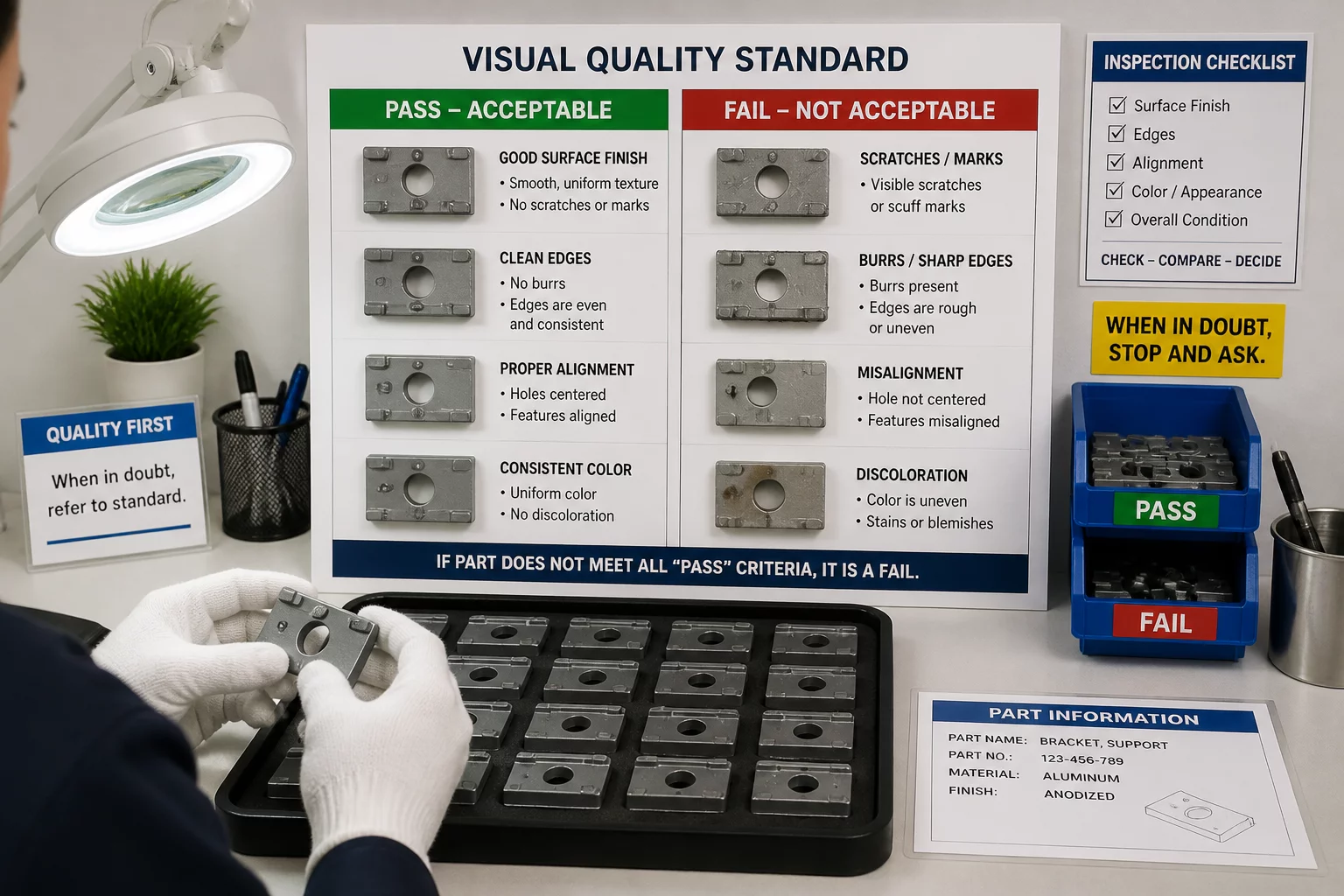 Reference samples pinned on a board for inspectors to compare against