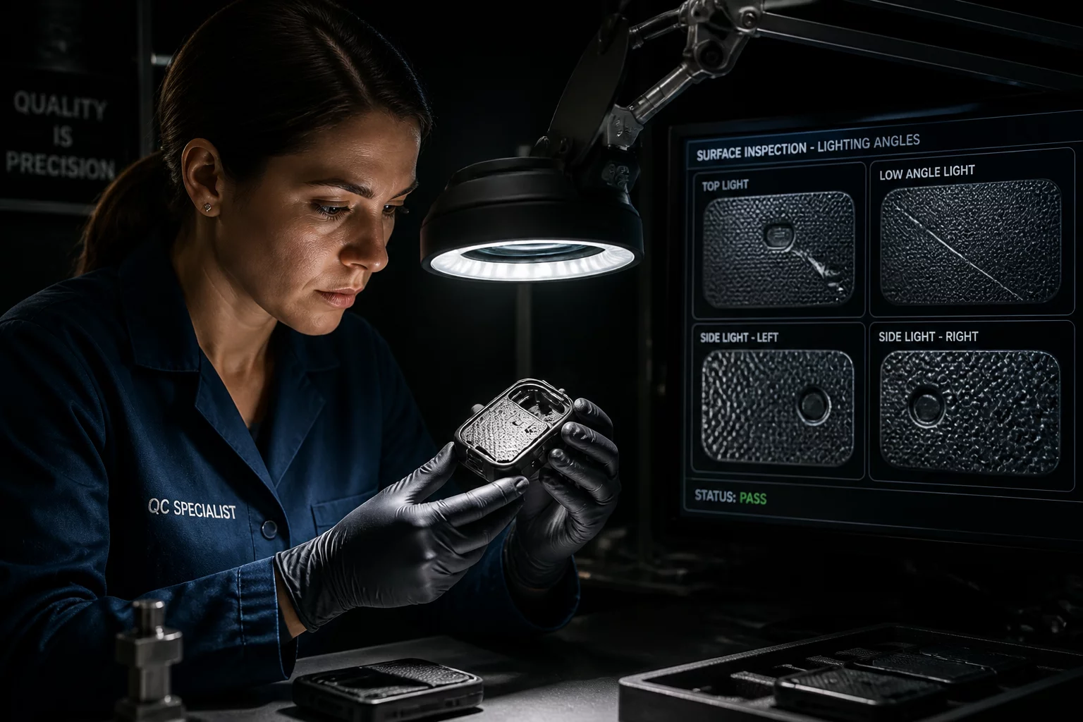Specialist conducting secondary inspection under directional illumination
