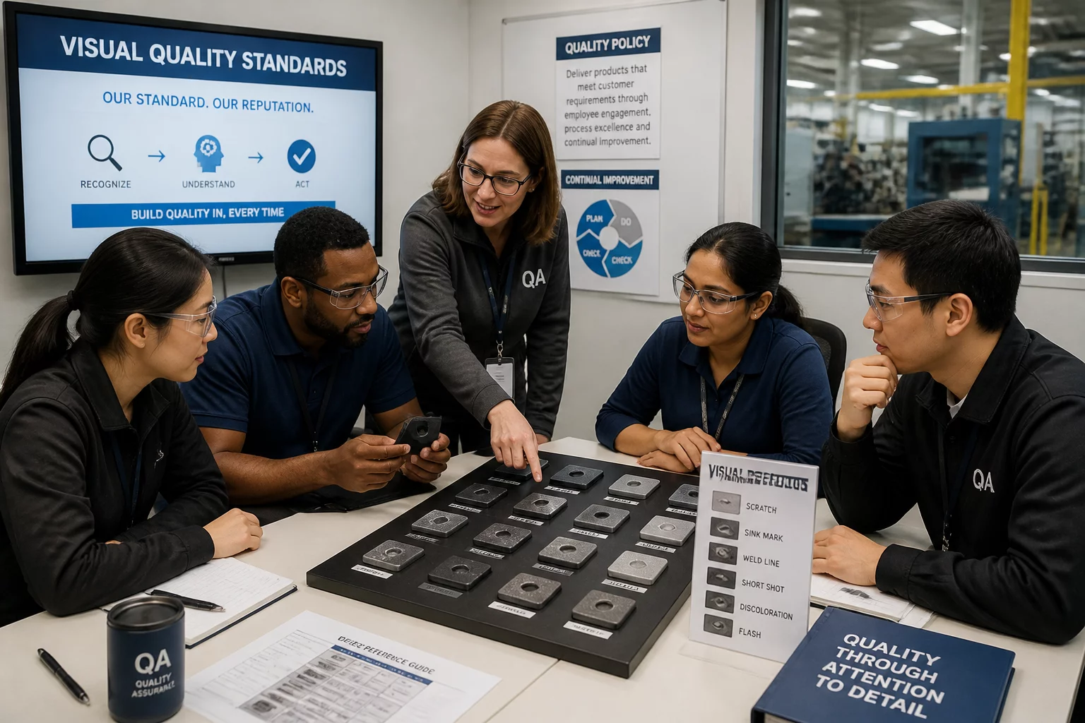 A group of trainees analyzing visual samples together