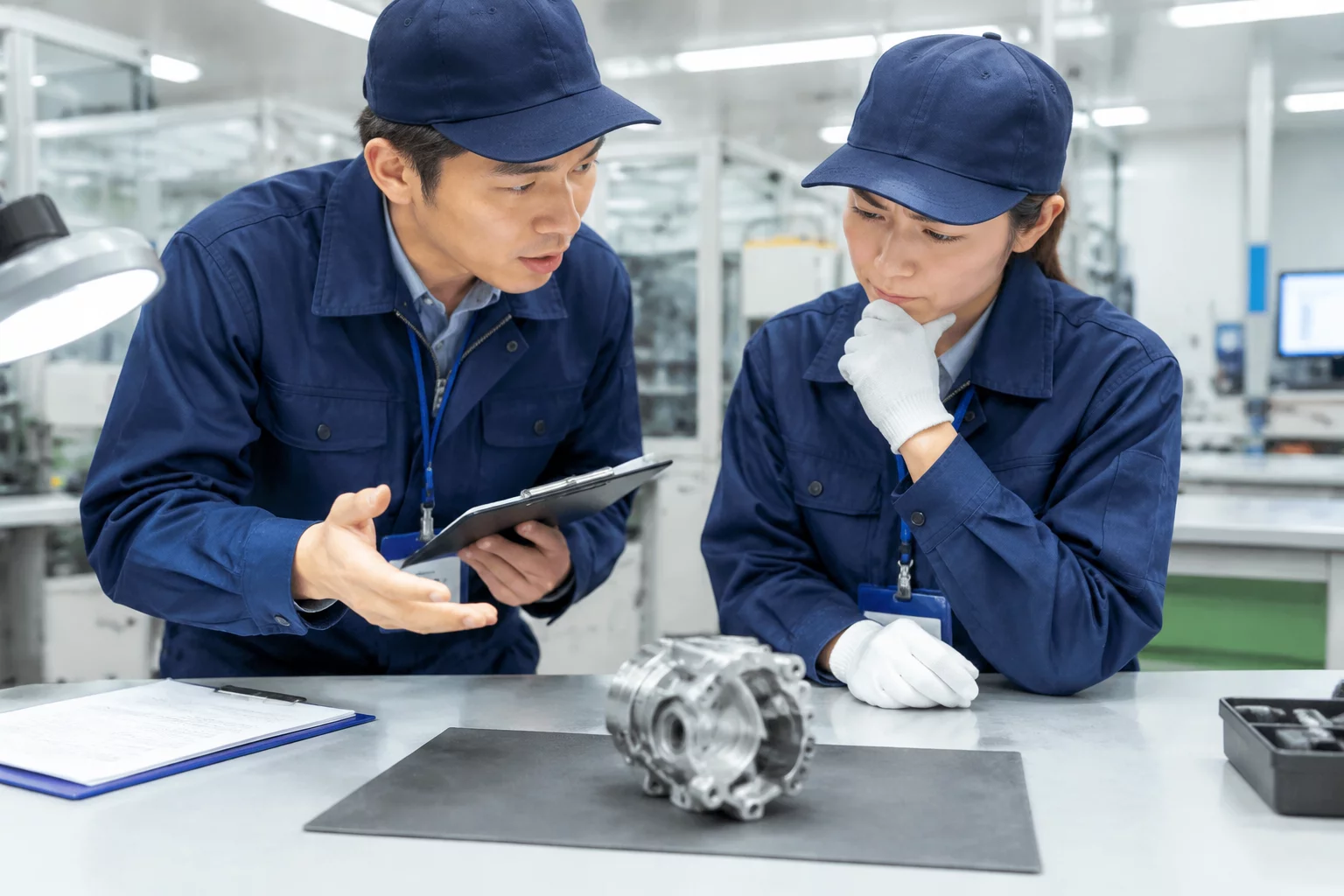 Two inspectors looking at the same object with different conclusions.